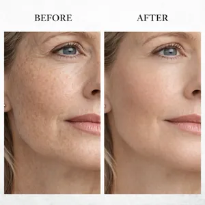 Comparison showing before and after results of collagen firming face cream on mature skin.
