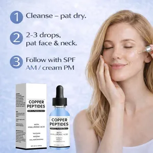 Detail view of GHK-Cu Copper Peptides Serum with 3-step skincare routine instructions.