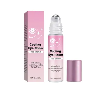 Cooling eye massage roller with caffeine and ceramide, 15ml bottle and pink packaging.