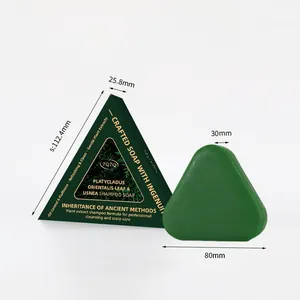 Sapone shampoo erboristico triangolare verde con estratto di Platycladus e dimensioni.