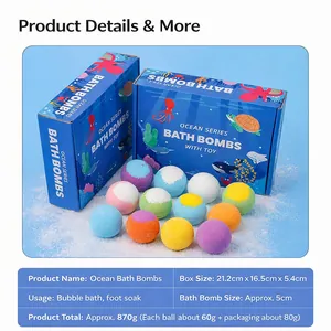Detailed specification view of twelve ocean series bath bombs with toys and blue gift box