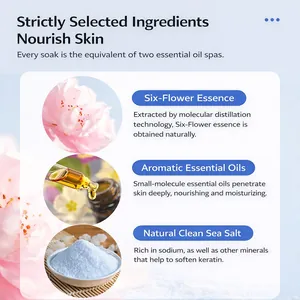 Detailed view of bath salt ingredients including flower essence and natural sea salt.
