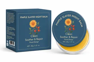 Detail view of Pimple Slayer Night Balm 30g packaging and moisturizing yellow ointment