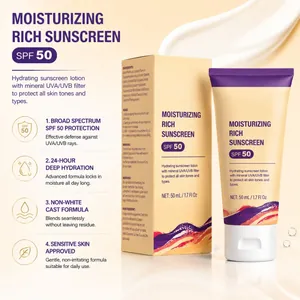 Détails de la crème solaire hydratante SPF 50 avec protection UVA/UVB à large spectre