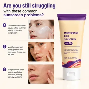 Détail de la crème solaire hydratante SPF 50 contre le teint blanc et le gras