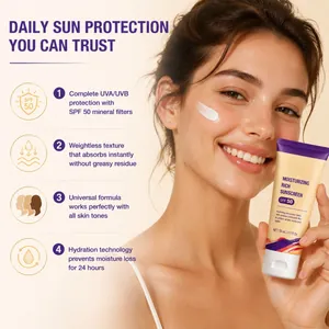 Vue détaillée de la crème solaire hydratante SPF 50 avec démonstration par mannequin