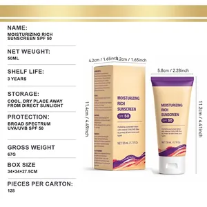 Spécifications détaillées de la crème solaire hydratante SPF 50 avec tube et emballage
