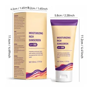 Crème solaire hydratante SPF 50 avec dimensions de la boîte et taille du tube