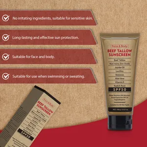 Close-up detail of organic grass-fed beef tallow sunscreen SPF50 with packaging box