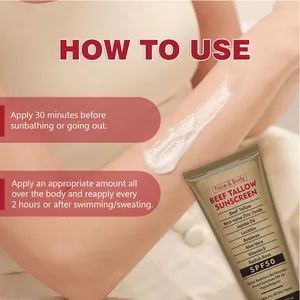 Detail of applying organic beef tallow sunscreen SPF 50 on skin with usage guide