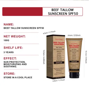 Detail view of 100g organic beef tallow sunscreen SPF50 with dimensions and specs