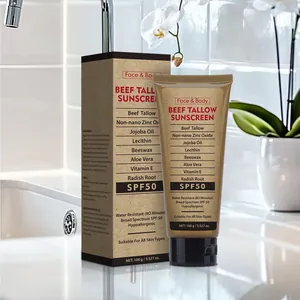 Natural organic beef tallow sunscreen SPF 50 for face and body in a tube and box.
