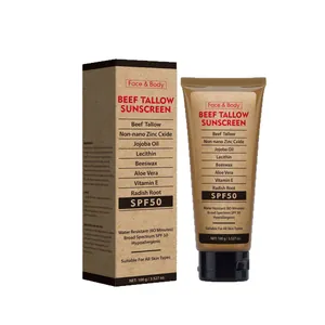 Organic grass-fed beef tallow sunscreen SPF 50 shown in tube and box packaging mockup