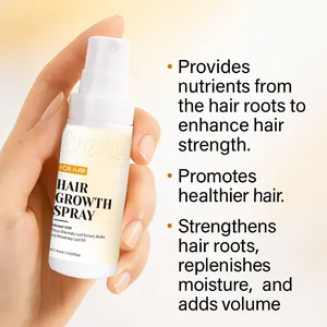 Detail of 60ml Hair Growth Spray bottle held by hand with English benefit text.