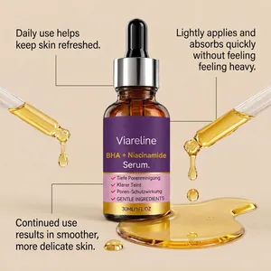 Viareline BHA und Niacinamid Serum Detail mit goldener Textur und Tropfen