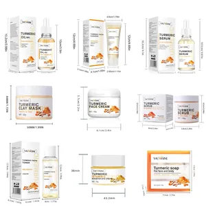 9-teiliges Kurkuma-Hautpflegeset mit detaillierten Produktabmessungen und Verpackungsangaben.