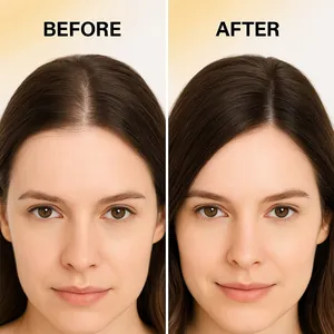 Before and after comparison of hair growth spray showing improved scalp coverage