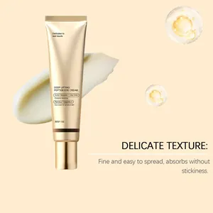 Detailed view of deep lifting peptide eye cream tube and its delicate spreadable texture
