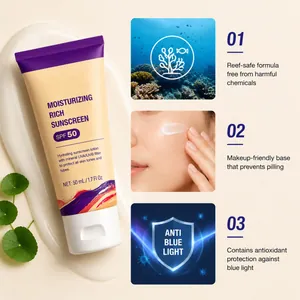 Detailed view of SPF 50 moisturizing sunscreen lotion showing texture and core skin benefits
