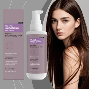Detail view of ultra smoothing hair serum bottle and box with healthy hair model
