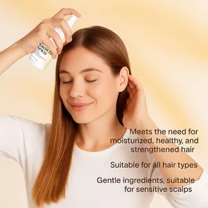 Woman applying hair growth spray to scalp for moisturizing and strengthening benefits.