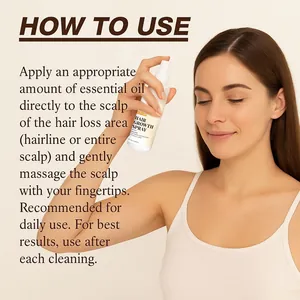 Instructional detail view showing how to apply the hair growth spray directly to the scalp.