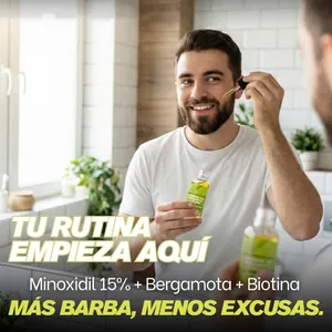 Lifestyle-Foto eines Mannes, der 15% Minoxidil-Bartwuchs-Serum mit einer Pipette im Bad aufträgt