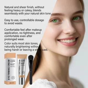 Detalle de crema reafirmante de ojos con brocha aplicadora y vista del resultado facial