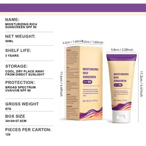 Detailed product specifications of SPF 50 moisturizing sunscreen with dimensions
