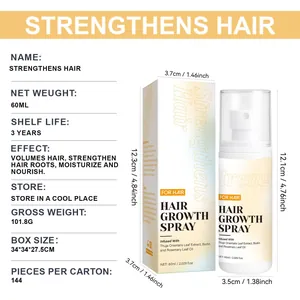 Detailed product specifications for 60ml hair growth spray including size and weight.