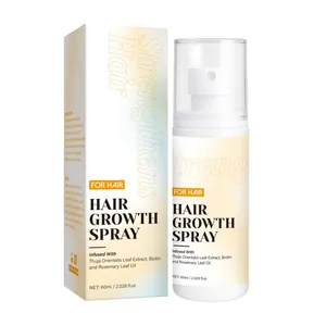 Detailed shot of 60ml hair growth spray bottle and packaging box featuring herbal extracts