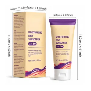 Detailed view of 50ml SPF 50 moisturizing sunscreen tube and packaging with size specs