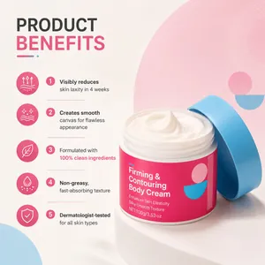 Close-up of firming body cream texture with listed skincare benefits and ingredients