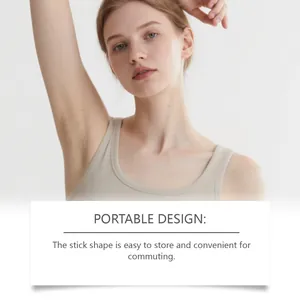 Vista dettagliata della descrizione del deodorante stick portatile con modello lifestyle