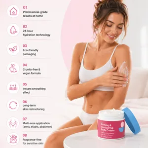 Detailed view of firming body cream being applied to skin with key benefits list