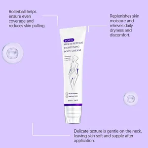 Macro view of multi-peptide tightening body cream tube featuring a rollerball applicator.