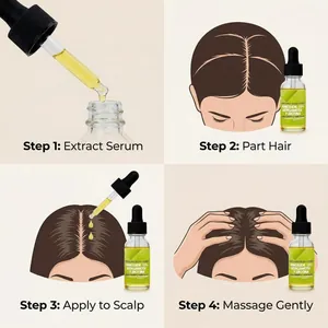 Anleitung für Haarserum in 4 Schritten: Entnehmen, Scheitel ziehen, Auftragen und Einmassieren.