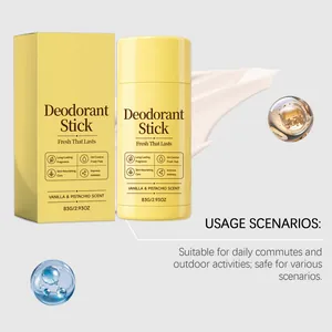 Dettaglio stick deodorante vaniglia e pistacchio con scenari d'uso e benefici pelle.