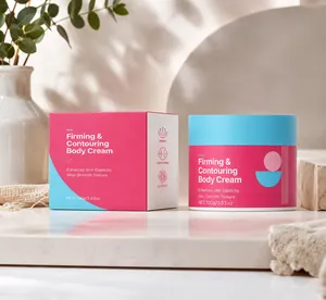 Close-up of firming and contouring body cream in vibrant pink and blue packaging
