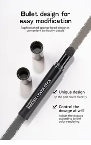 Close-up of hairline contouring stick with sponge head and grey powder strokes