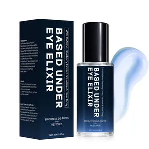 Professional macro shot of 15ml eye elixir bottle with blue serum smear and box