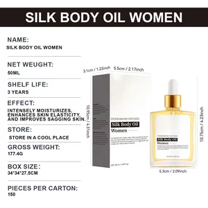 Gedetailleerde afmetingen en specificaties voor 50ml zijden lichaamsolie voor vrouwen.