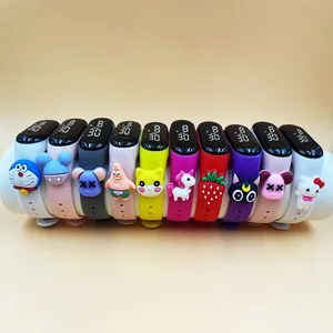 Row of colorful children's LED digital watches with various cartoon character straps.