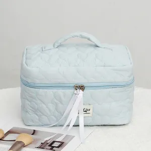 Elegante neceser acolchado corazones azul claro con tiradores cinta blanca suave