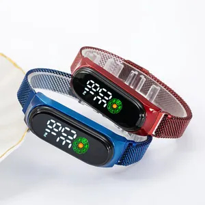 Detail of blue and red LED electronic watches with luminous big digital displays