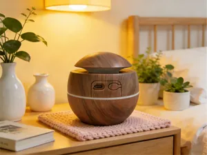 Detalle del humidificador con veta de madera en forma de seta sobre una mesita de noche