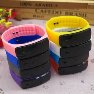 Close-up of colorful silicone LED digital watches with rectangular black screens