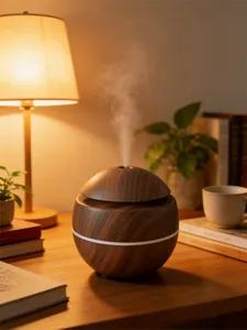 Mini humidificador de madera con forma de hongo en escritorio con luz de lámpara cálida