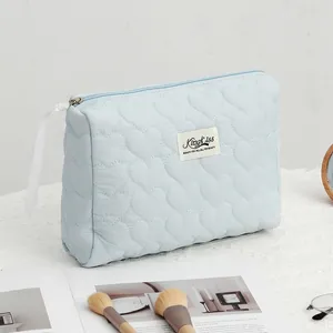 Detalle de un neceser acolchado con corazones en azul claro con etiqueta KingKiss.