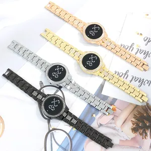 Women's Fashion LED Digital Watch Rhinestone Inlaid Alloy Band Round Dial Korean Style Casual Wristwatch